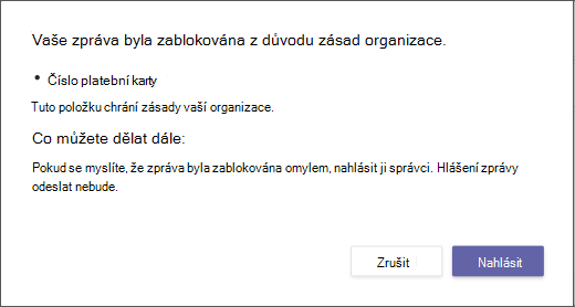 Dialogové okno vysvětlující, proč byla zpráva zablokována a nelze ji přepsat