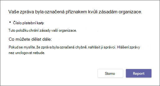 Dialogové okno vysvětlující, proč byla zpráva označena příznakem zásady ochrany před únikem informací v organizaci