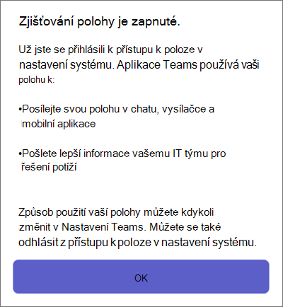 Detekce polohy Teams na mobilním zařízení