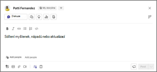 Pole pro zadávání textu označené Moje struktura obsahu a tlačítko Diskuze, možnosti formátování a zástupné symboly pro sdílení, přidávání osob a přispívání.