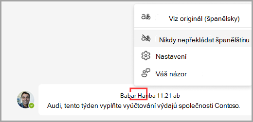 Další možnosti zobrazíte výběrem možností překladu přeložené zprávy.