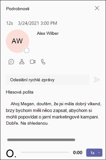 Obrazovka Podrobnosti hlasové pošty v Teams
