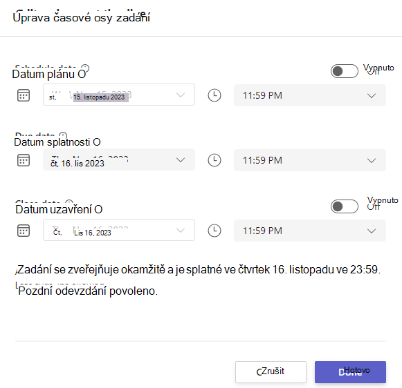 Úprava časové osy zadání pomocí nastavení data plánu, termínu splnění a uzávěrky