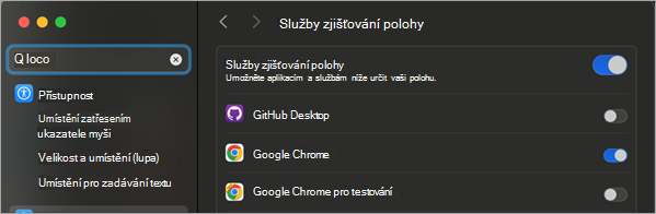 Obrázek znázorňující okno Zabezpečení a ochrana osobních údajů s vyznačeným odkazem Povolit služby zjišťování polohy.