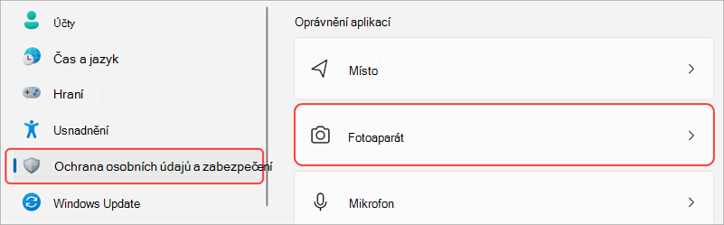 Nastavení Windows se zvýrazněným uživatelským rozhraním kamery.