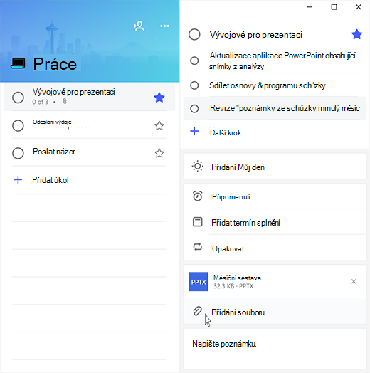 Snímek obrazovky aplikace Microsoft To-Do s otevřeným úkolem Příprava na prezentaci a zvýrazněnou možností Přidat soubor