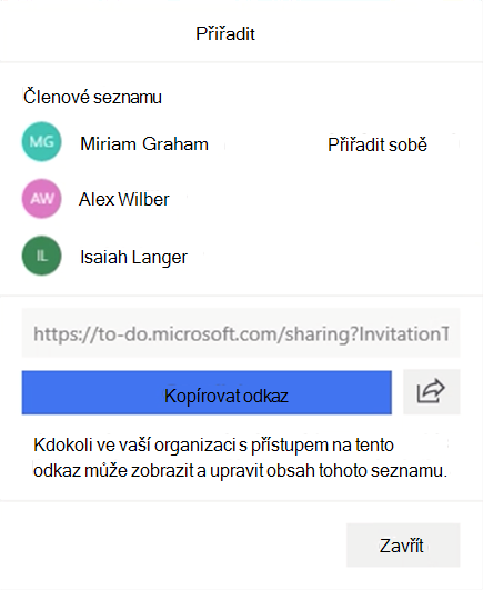 Snímek obrazovky s nabídkou Přiřadit a možností přiřadit úkol členům seznamu Miriam Grahamové, Alexi Wilberové nebo Isaiahu Langerovi.