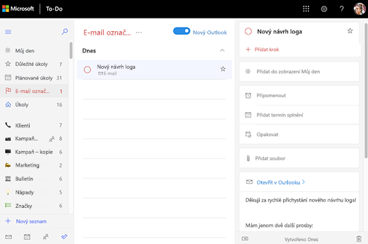 Snímek obrazovky s otevřeným seznamem Email s příznakem, který ukazuje podrobné zobrazení nového loga úkolu. V detailním zobrazení je možnost Otevřít v Outlooku a také náhled textu e-mailu.