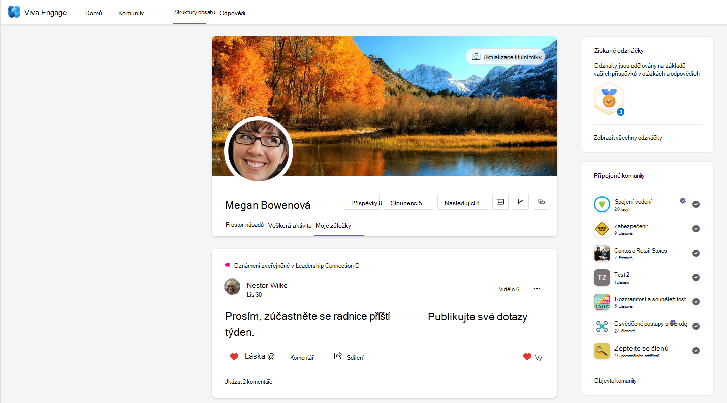 Snímek obrazovky konverzace ve Viva Engage s otevřenou nabídkou dalších možností.