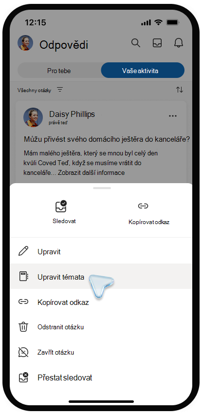 Snímek obrazovky s nabídkou pro úpravu témat ve Viva Engage na mobilním zařízení.