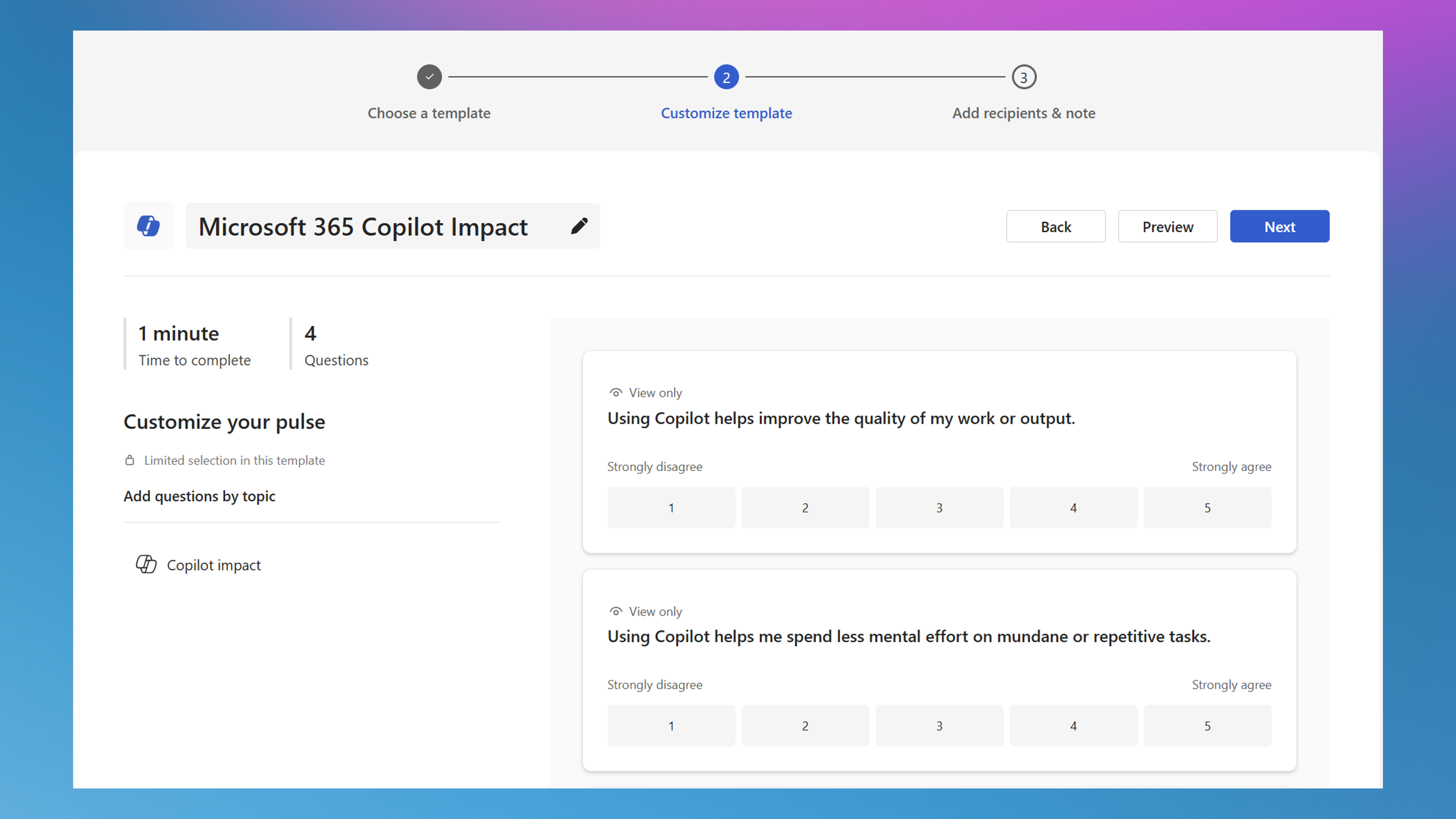 Screenshot of Microsoft 365 Copilot survey in Viva Pulse