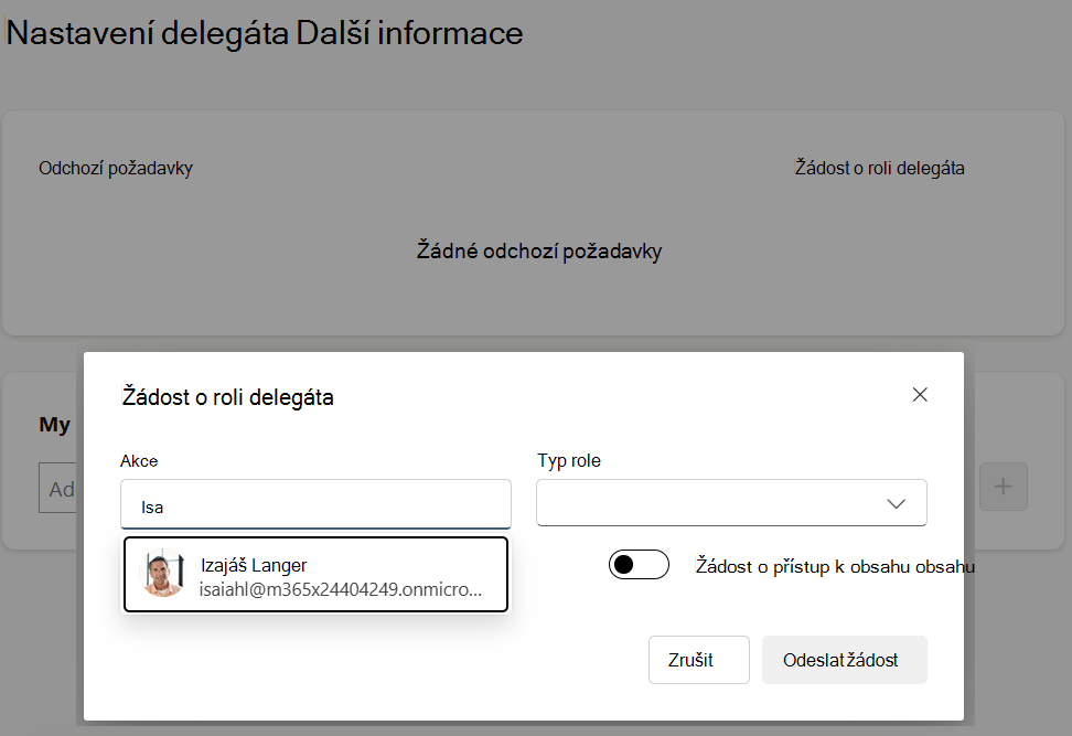 automaticky otevírané okno s příslušnými informacemi pro odeslání žádosti delegáta