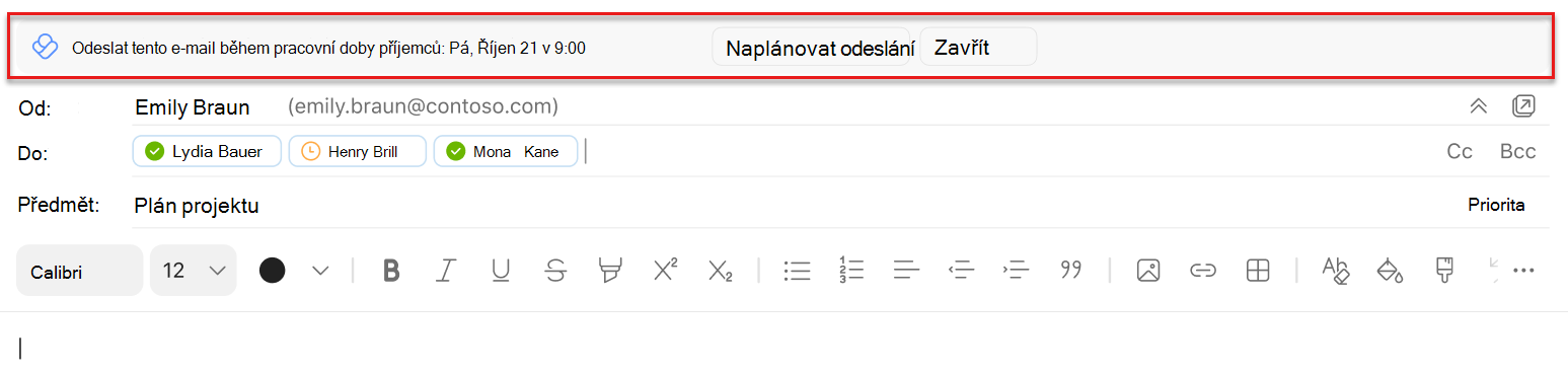 Snímek obrazovky s návrhem na naplánování odeslání v Outlooku pro Mac zvýrazněným nad řádkem Od
