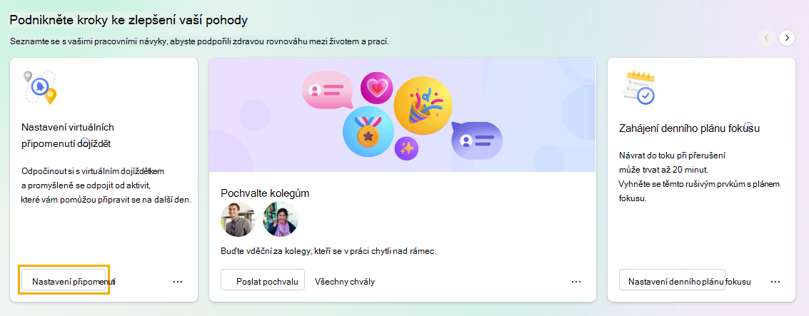 Snímek obrazovky zobrazující úvodní kartu Nastavení připomenutí pro virtuální dojíždění.