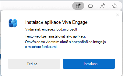 Snímek obrazovky ukazuje oficiální dialogové okno instalace aplikace Viva Engage.