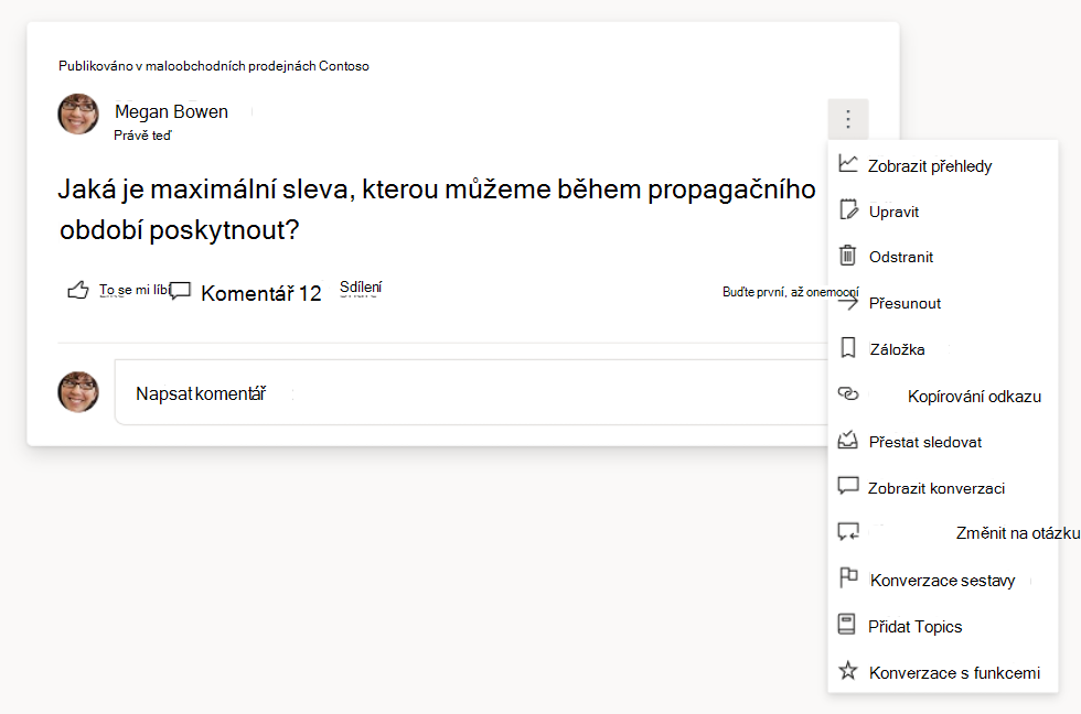 Snímek obrazovky s možnostmi otázky a konverzace