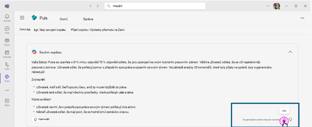 Snímek obrazovky znázorňující prostředí, které uživatelům umožňuje odeslat zpětnou vazbu týkající se souhrnu sestavy vygenerovaného pomocí Copilotu