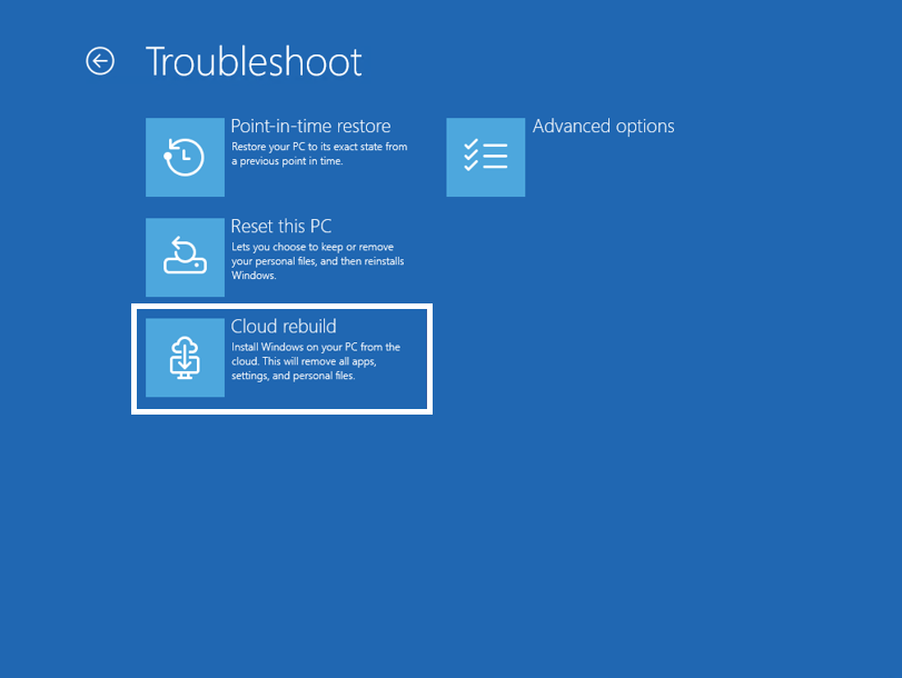 Snímek obrazovky Řešení potíží v prostředí Windows RE se zvýrazněnou možností Cloud rebuild