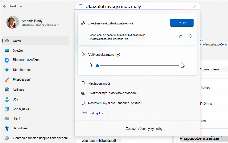 Snímek obrazovky Nastavení zobrazující vyhledávání založené na umělé inteligenci pomocí agenta.