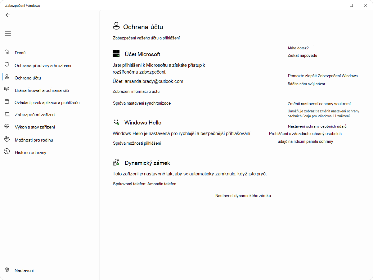 Snímek obrazovky se stránkou ochrany účtu v aplikaci Zabezpečení Zabezpečení Windows.