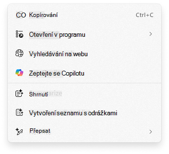 Snímek obrazovky s místní nabídkou Akce kliknutím s možností Zeptat se Copilota