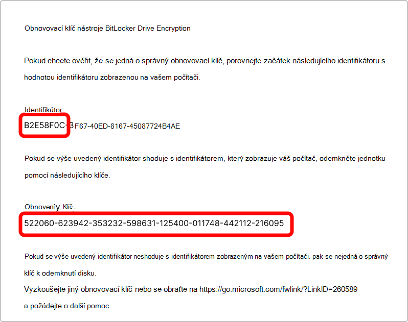 Snímek obrazovky s výtiskem obnovovacího klíče nástroje BitLocker.