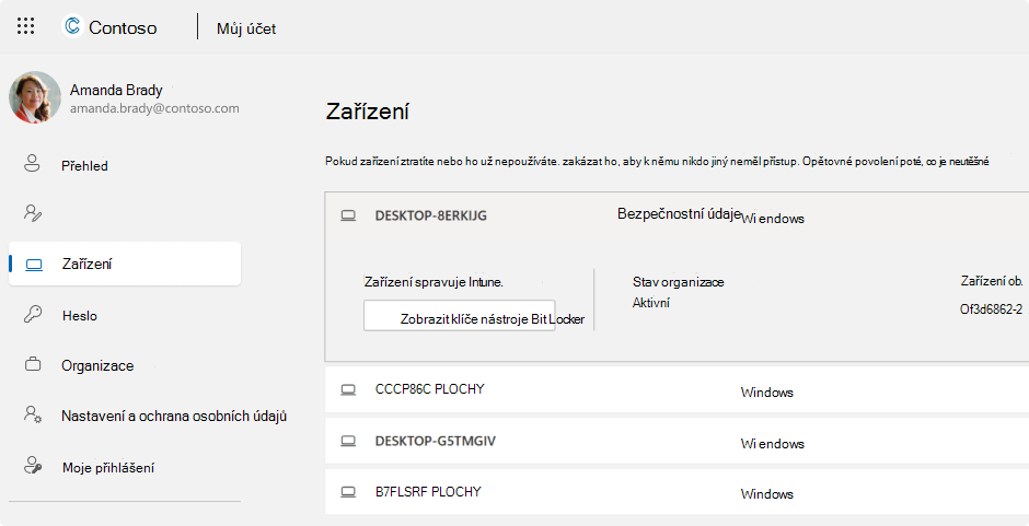 Snímek obrazovky s obnovovacími klíči nástroje BitLocker pro pracovní nebo školní účet.