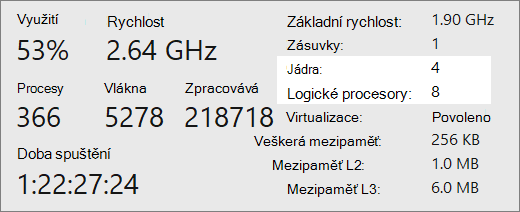 Obrazovka zprávy o jádrech a logických procesorech.