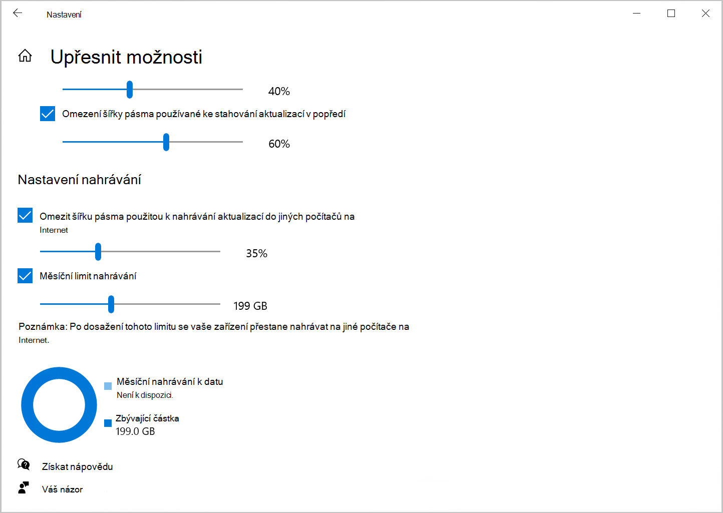 Snímek obrazovky s možností Optimalizace doručení, která omezí šířku pásma pro nahrávání ve Windows 10.