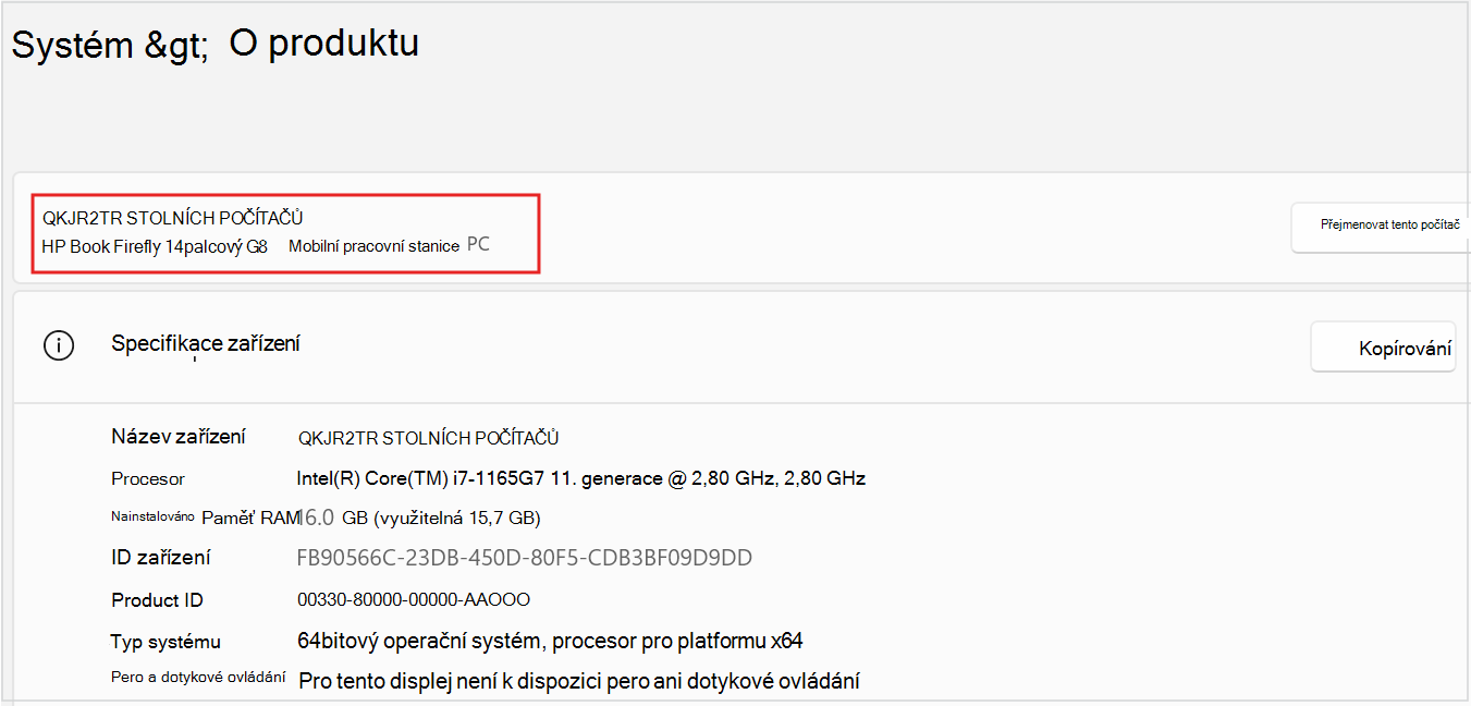 Snímek obrazovky s názvem a modelem zařízení počítače