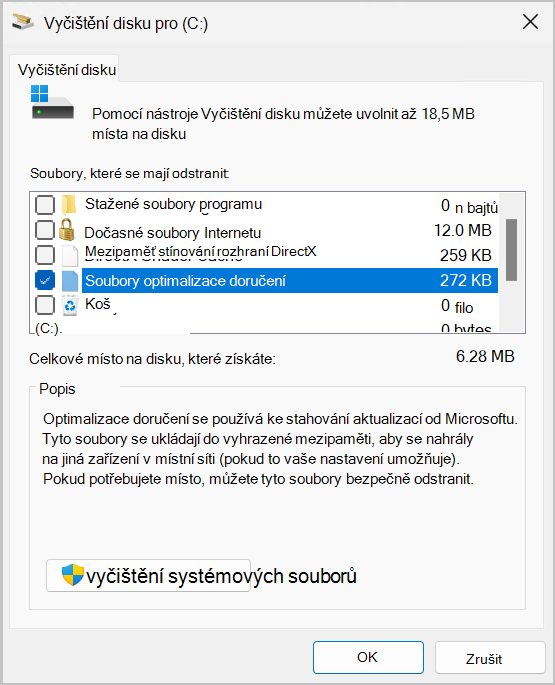 Snímek obrazovky nástroje Vyčištění disku zobrazující vybranou možnost Delivery Optimization Files.