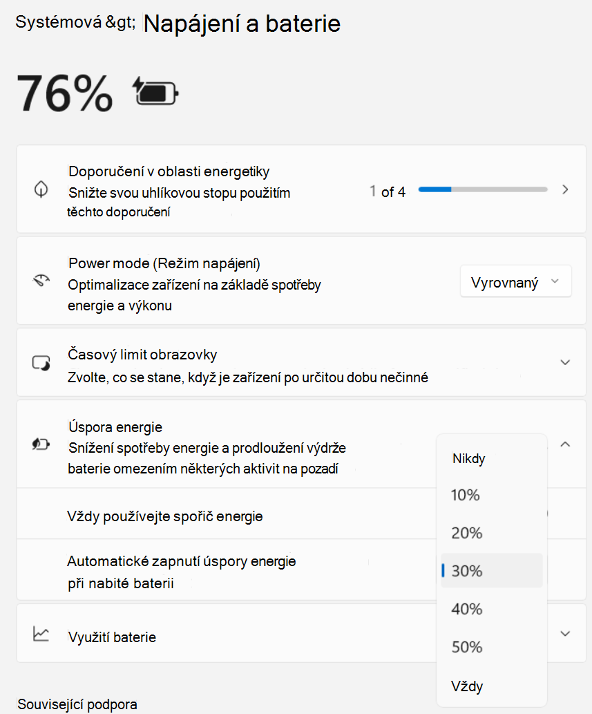 Snímek obrazovky Nastavení > – systém, > Napájení a baterie > Spořič energie