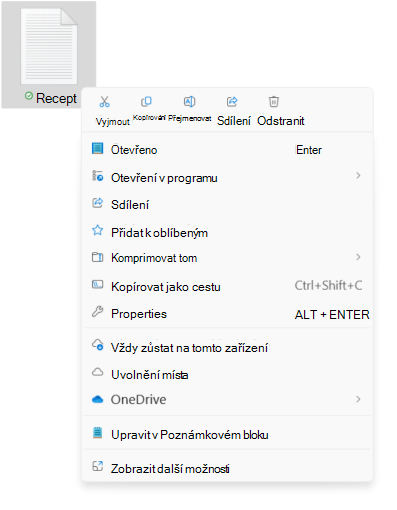 Snímek obrazovky s místní nabídkou Soubor s novými možnostmi vyjmutí, kopírování, přejmenování, sdílení a odstranění.