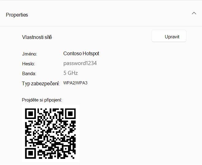 Snímek obrazovky s kódem QR používaným k připojení k zařízení s Windows, které funguje jako přístupový bod.