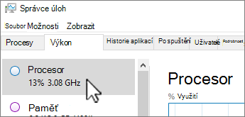 Karta Výkon a informace o procesoru.