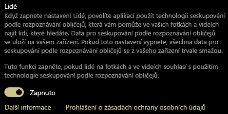Zobrazuje přepínač Zapnout a Vypnout pro nastavení Lidé.