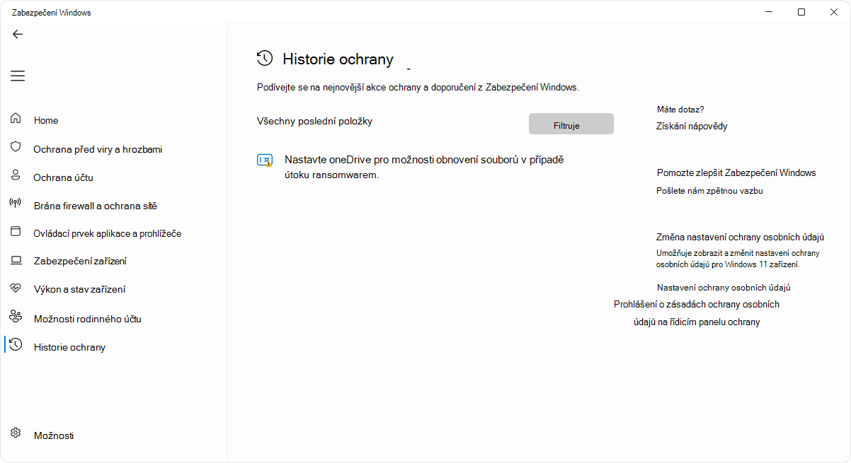 Snímek obrazovky se stránkou historie ochrany v aplikaci Zabezpečení Windows.