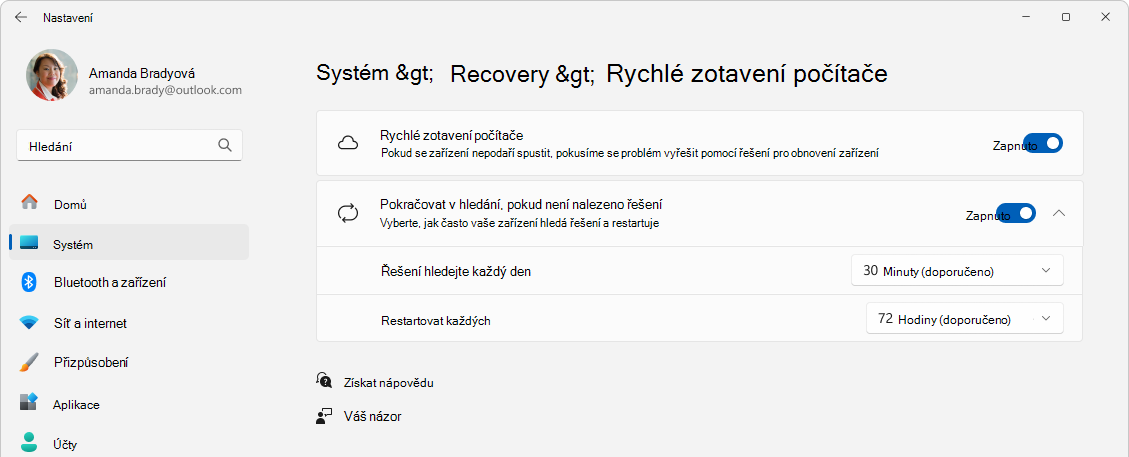 Snímek obrazovky s rychlým obnovením počítače v Nastavení >>