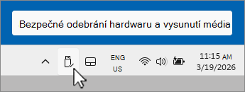 Snímek obrazovky s ikonou Bezpečně odebrat zařízení USB v oznamovací oblasti