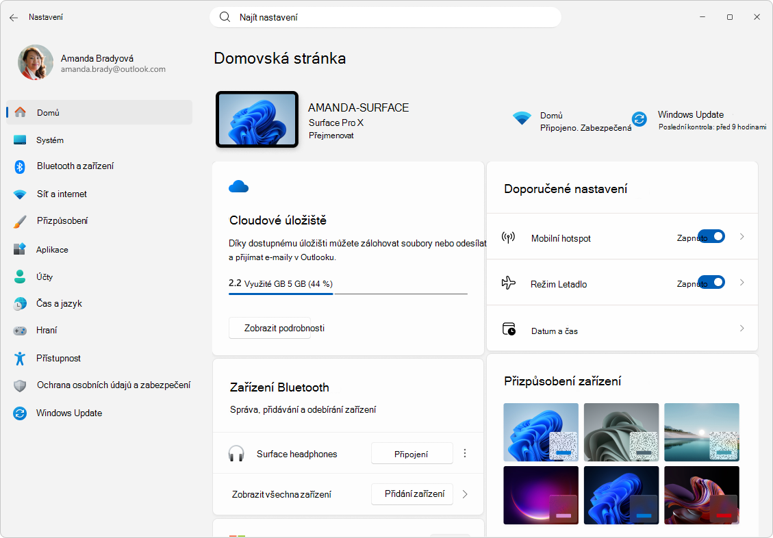 Snímek obrazovky s Nastavením.