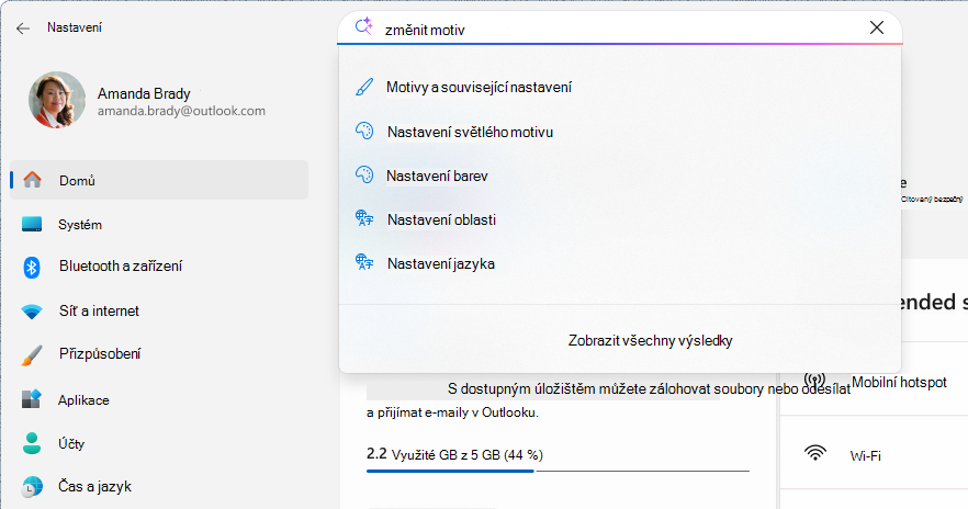 Snímek obrazovky s hledáním v nastavení.
