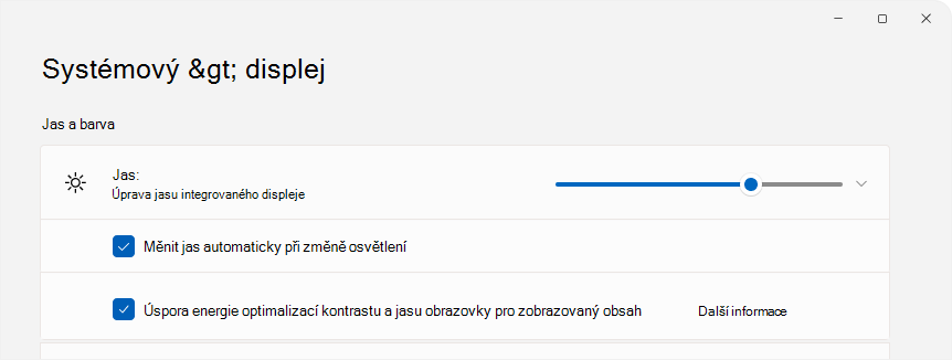 Snímek obrazovky Nastavení zobrazující ovládací prvek jasu.