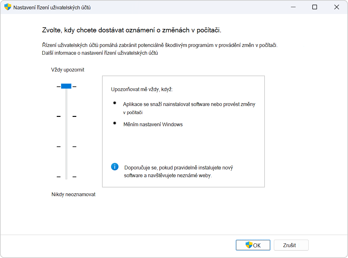 Screenshot of the settings to configure UAC.