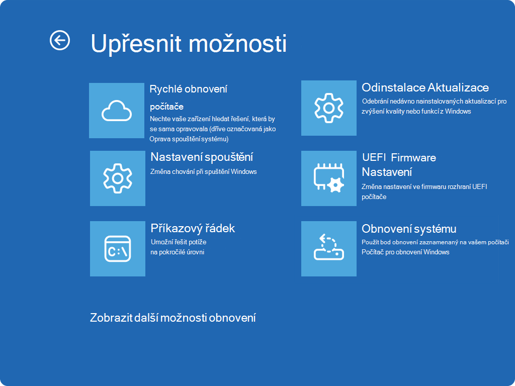 Snímek obrazovky s prostředím Windows RE zobrazujícím rozšířené možnosti a novou položku QMR.