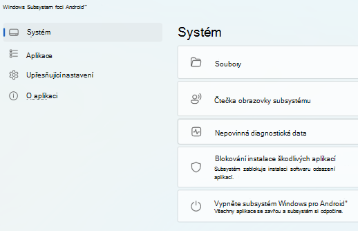 Zobrazuje hlavní stránku pro subsystém Windows pro Android (TM).