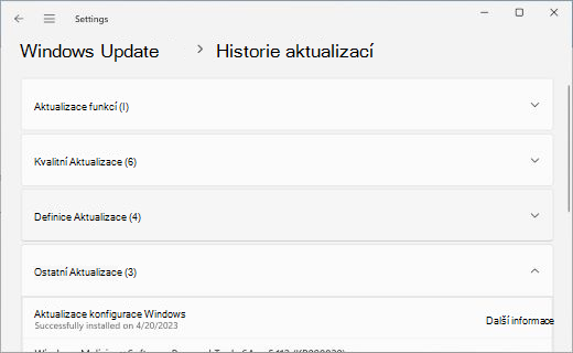 Zobrazuje stránku Historie aktualizací s rozbalenou částí Další Aktualizace.