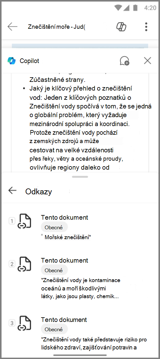 Snímek obrazovky Copilotu v aplikaci Word na zařízení s Androidem s podklady pro odpověď Copilotu