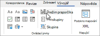 Karta Vývojář s vybraným tlačítkem Režim návrhu