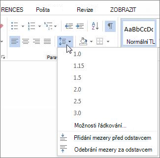 Obrazovka Řádkování a vzdálenost odstavců