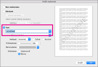 Kliknutí na Text v poli Vložit vodoznak